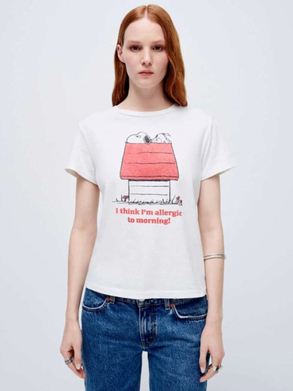 NWT Re/Done Snoopy Allergic to Mornings Lettering Print Classic Short Sleeve TEE - Picture 2 of 9